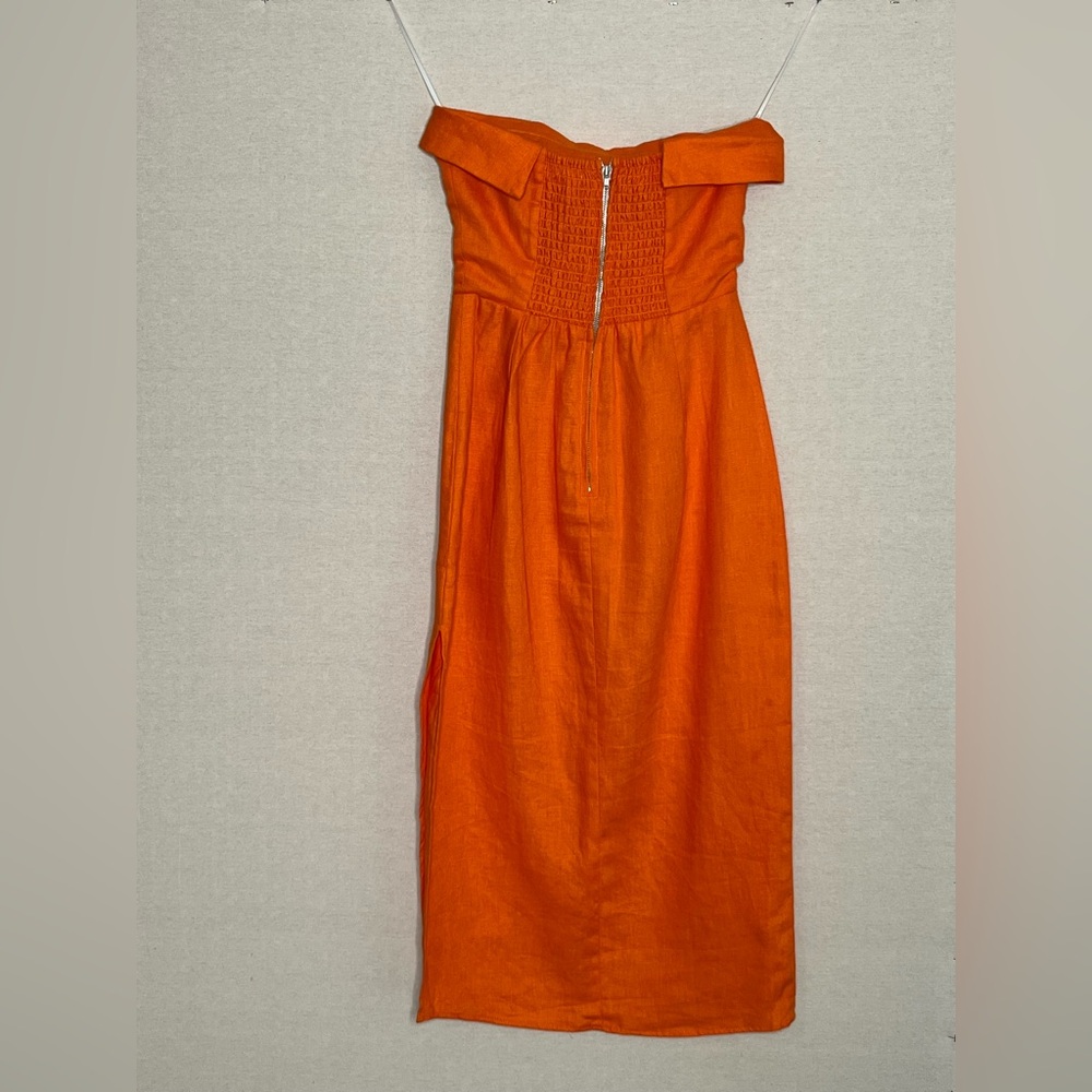 REFORMATION 100% Linen Orange Strapless Marcella Midi Dress w/ Slit 0 - Picture 13 of 15